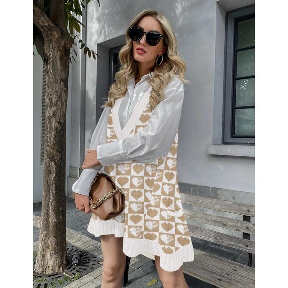 Women's Knitted V Neck Sweater Vest Pullover Fall Vest Dress with Pockets - Picture 3 of 6